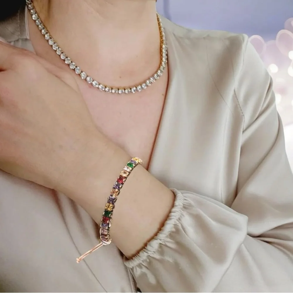 Multicolor Adjustable Tennis Bracelet. Gold w/adjustable slider-up to 10”! - Picture 5 of 14